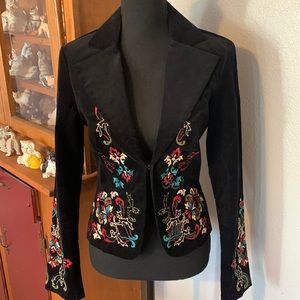 Black waist jacket by Sele’  (faux) velvet size medium embroidered embel…
